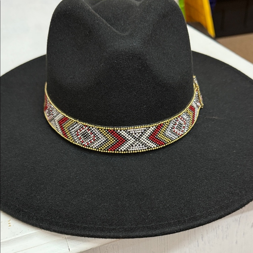 Black Wide-Brim Fedora with Rhinestone And Beaded Chevron Band